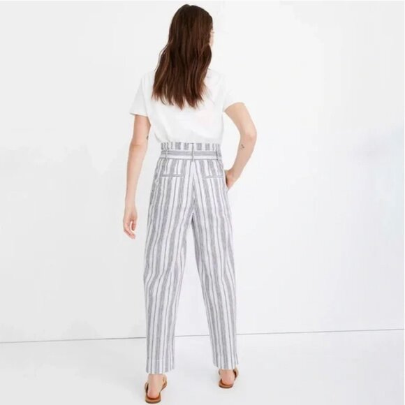 Madewell Women's Linen-Cotton Blend Paperbag Pants in Dark Baltic Stripe Size 12 - Picture 3 of 6